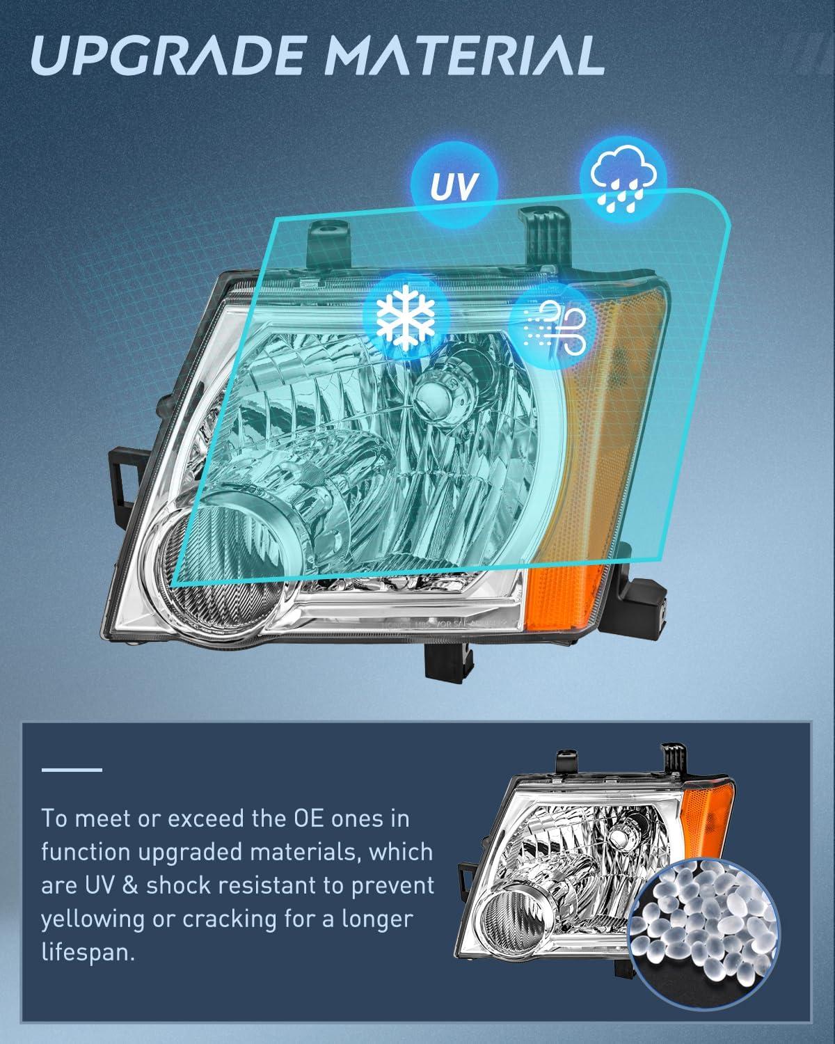 image:imageNilight Headlight Assembly Compatible with 2005 2006 2007 2008 2009 2010 2011 2012 2013 2014 2015 Nissan Xterra OE Style Replacement Chrome Housing Amber Reflector Headlamp Passenger and Driver Side