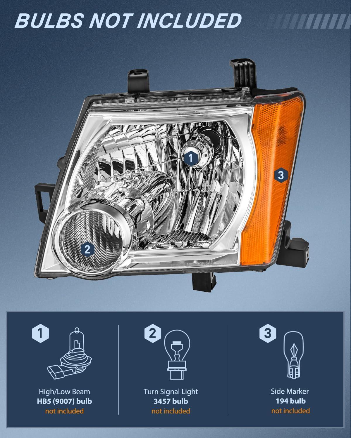 image:imageNilight Headlight Assembly Compatible with 2005 2006 2007 2008 2009 2010 2011 2012 2013 2014 2015 Nissan Xterra OE Style Replacement Chrome Housing Amber Reflector Headlamp Passenger and Driver Side