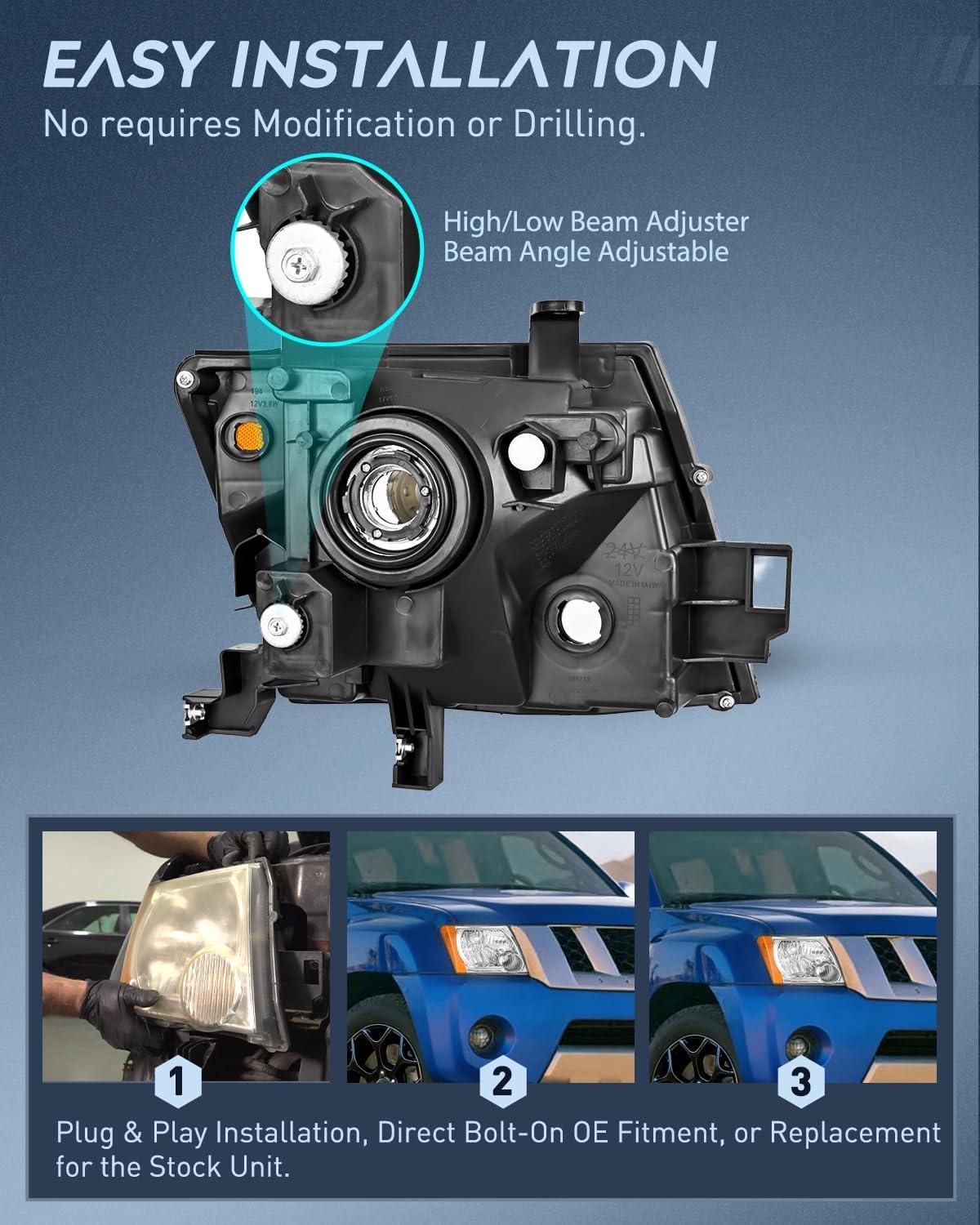 image:imageNilight Headlight Assembly Compatible with 2005 2006 2007 2008 2009 2010 2011 2012 2013 2014 2015 Nissan Xterra OE Style Replacement Chrome Housing Amber Reflector Headlamp Passenger and Driver Side