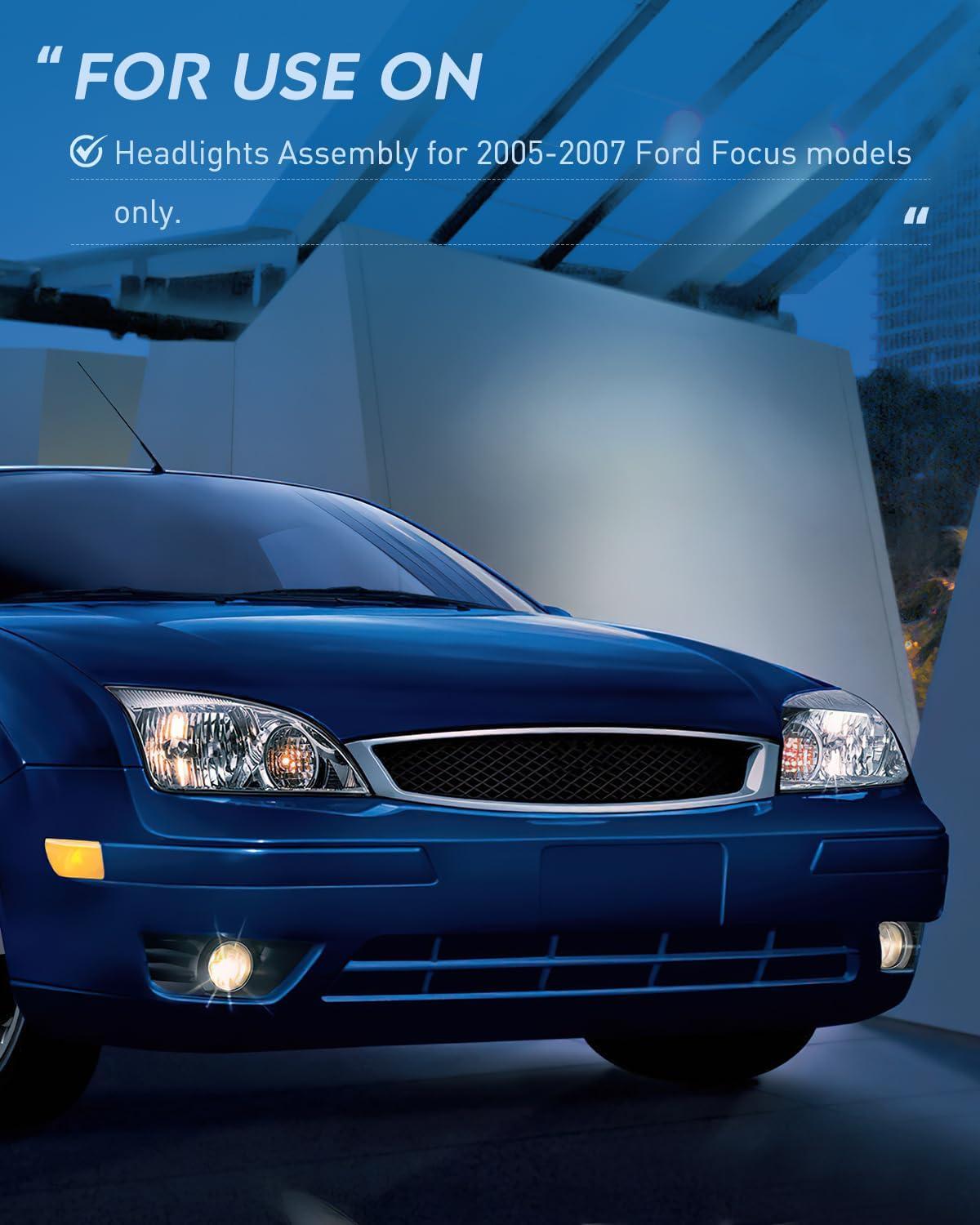 image:imageNilight Headlight Assembly Compatible with 2005 2006 2007 Ford Focus Headlamps Replacement Black Housing Clear Reflector and Lens Driver and Passenger SideChrome Housing Clear Reflector