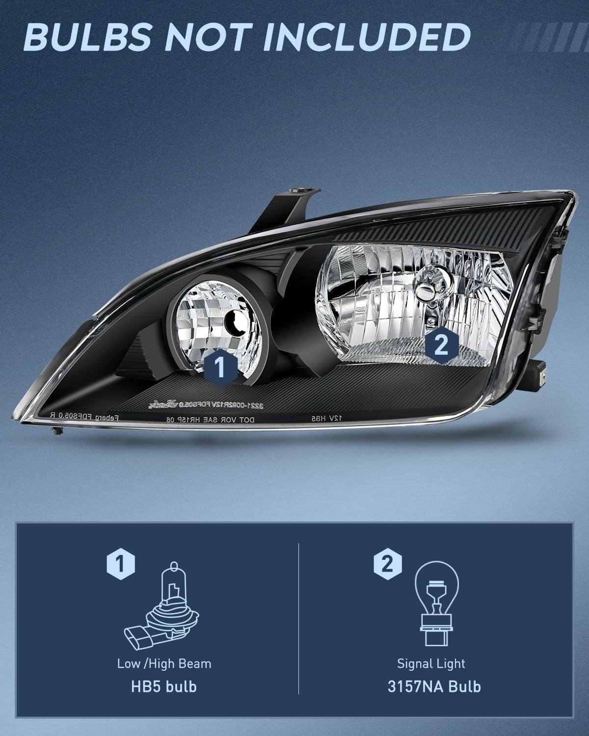 image:imageNilight Headlight Assembly Compatible with 2005 2006 2007 Ford Focus Headlamps Replacement Black Housing Clear Reflector and Lens Driver and Passenger SideBlack Housing Clear Reflector