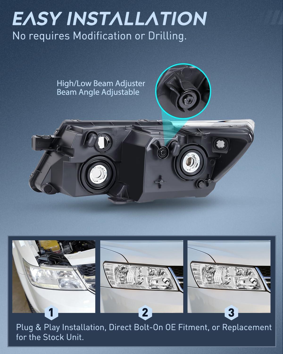 image:imageNilight Headlight Assembly Compatible with 2009 2010 2011 2012 2013 2014 2015 2016 2017 2018 2019 2020 Dodge Journey Black Housing Clear Reflector Headlamp Passenger and Driver SideChrome Housing Clear Reflector
