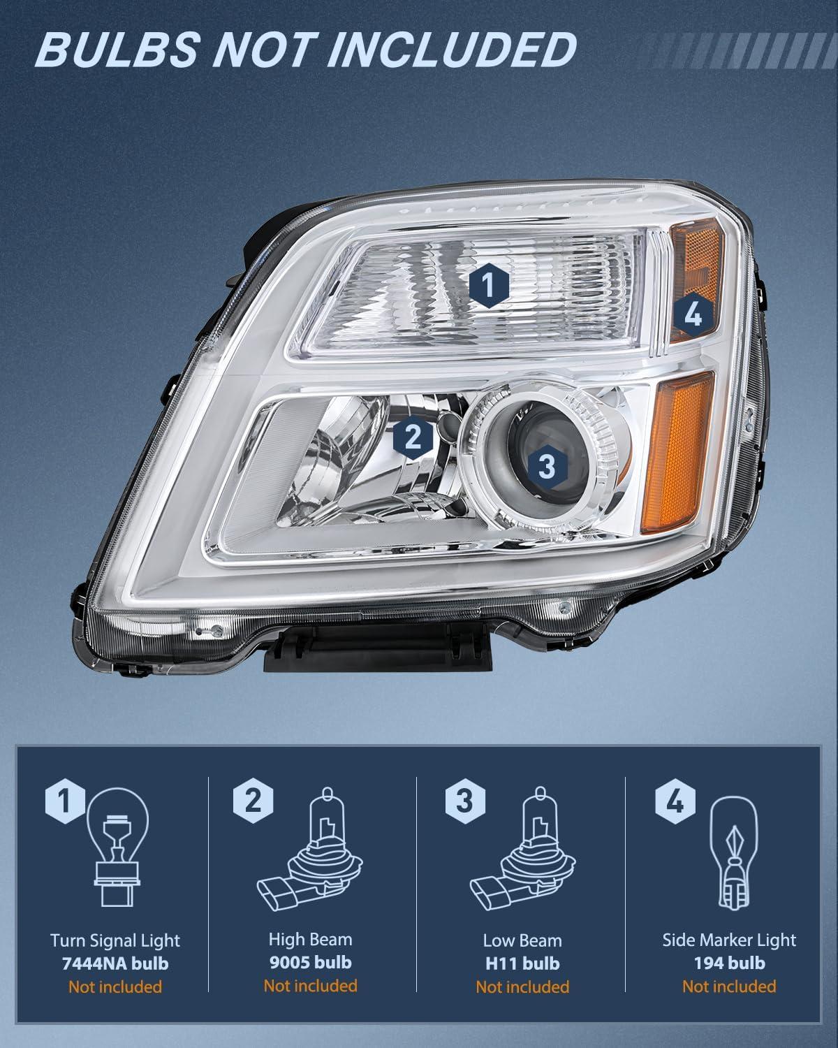 image:imageNilight Headlight Assembly Compatible with 2010 2011 2012 2013 2014 2015 GMC Terrain Halogen Projector OE Style Replacement Headlights Black Housing Amber Reflector Headlamp Passenger and Driver SideChrome Housing Amber Reflector
