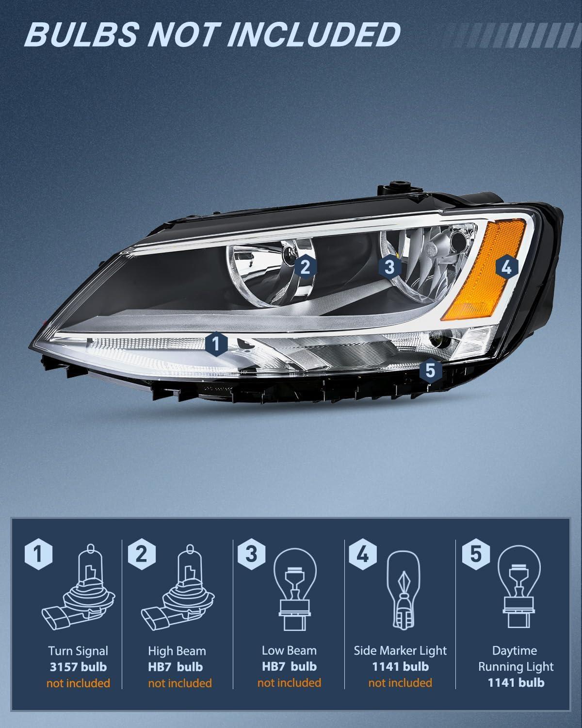 image:imageNilight Headlight Assembly Compatible with 2011 2012 2013 2014 2015 2016 2017 2018 Volkswagen Jetta MK6 OE Style Replacement Chrome Housing Amber Reflector Halogen Headlamps Driver and Passenger Side