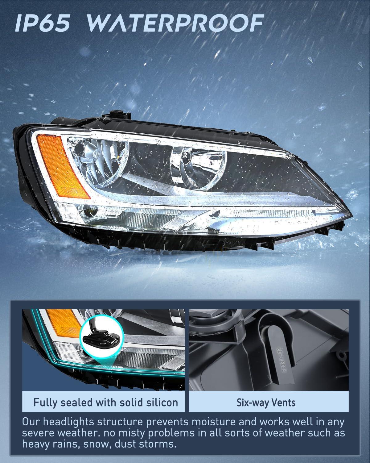 image:imageNilight Headlight Assembly Compatible with 2011 2012 2013 2014 2015 2016 2017 2018 Volkswagen Jetta MK6 OE Style Replacement Chrome Housing Amber Reflector Halogen Headlamps Driver and Passenger Side