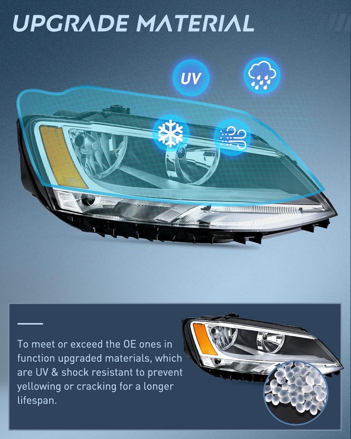 image:imageNilight Headlight Assembly Compatible with 2011 2012 2013 2014 2015 2016 2017 2018 Volkswagen Jetta MK6 OE Style Replacement Chrome Housing Amber Reflector Halogen Headlamps Driver and Passenger Side