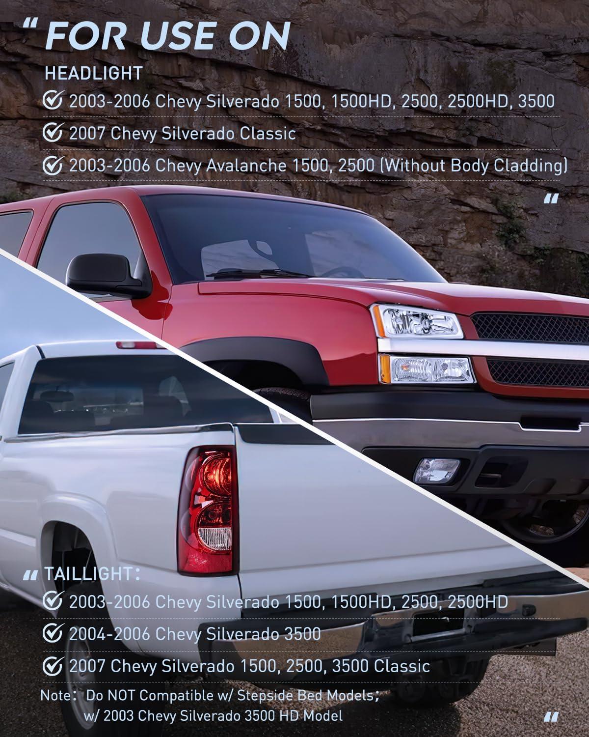 image:imageNilight Headlight and Taillight Assembly Combo Compatible with 2003 2004 2005 2006 Chevy Silverado 1500 1500HD 2500 2500HD 3500 2007 Chevy Silverado 1500 2500 3500 Classic OE StyleChrome Housing Amber Reflector Taillight