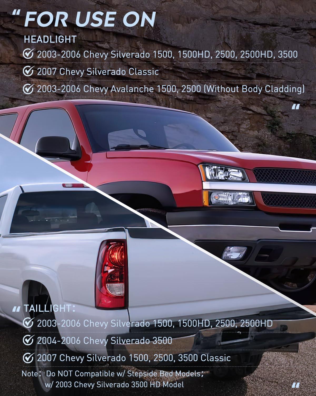 image:imageNilight Headlight and Taillight Assembly Combo Compatible with 2003 2004 2005 2006 Chevy Silverado 1500 1500HD 2500 2500HD 3500 2007 Chevy Silverado 1500 2500 3500 Classic OE StyleBlack Housing Amber Reflector Taillight
