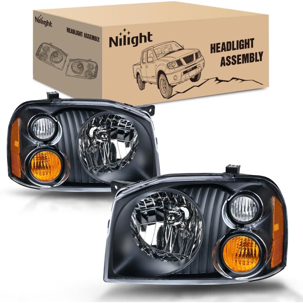 image:imageNilight Headlight Assembly Compatible with 2001 2002 2003 2004 Nissan Frontier XE OE Style Replacement Halogen Headlights Black Housing Amber Reflector Headlamp Passenger and DriverBlack Housing Amber Reflector Amber Turn Light