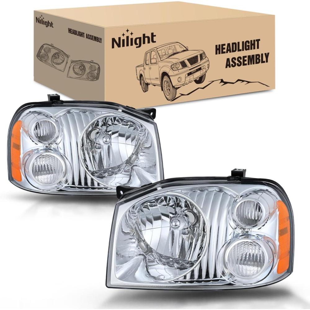image:imageNilight Headlight Assembly Compatible with 2001 2002 2003 2004 Nissan Frontier XE OE Style Replacement Halogen Headlights Black Housing Amber Reflector Headlamp Passenger and DriverChrome Housing Amber Reflector Clear Turn Light