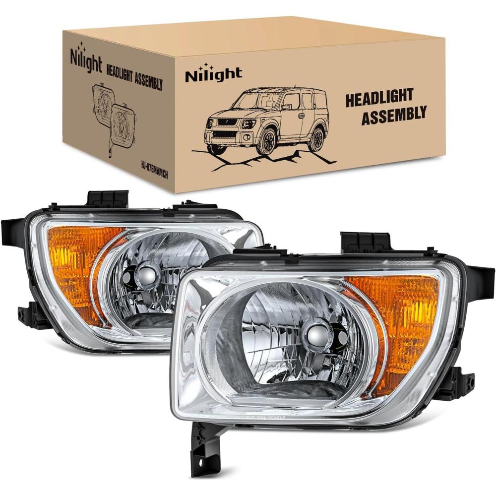 image:imageNilight Headlight Assembly Compatible with 2003 2004 2005 2006 Honda Element OE Style Replacement Halogen Headlights Chrome Housing Amber Reflector Headlamp Passenger and Driver SideChrome Housing Amber Reflector