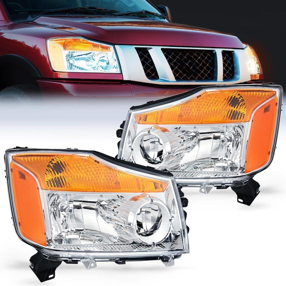 image:imageNilight Headlight Assembly Compatible with 2004 2005 2006 2007 2008 2009 2010 2011 2012 2013 2014 2015 Nissan Titan 2004 2005 2006 2007 Armada Headlamps Replacement Chrome Housing Amber ReflectorChrome Housing Amber Reflector