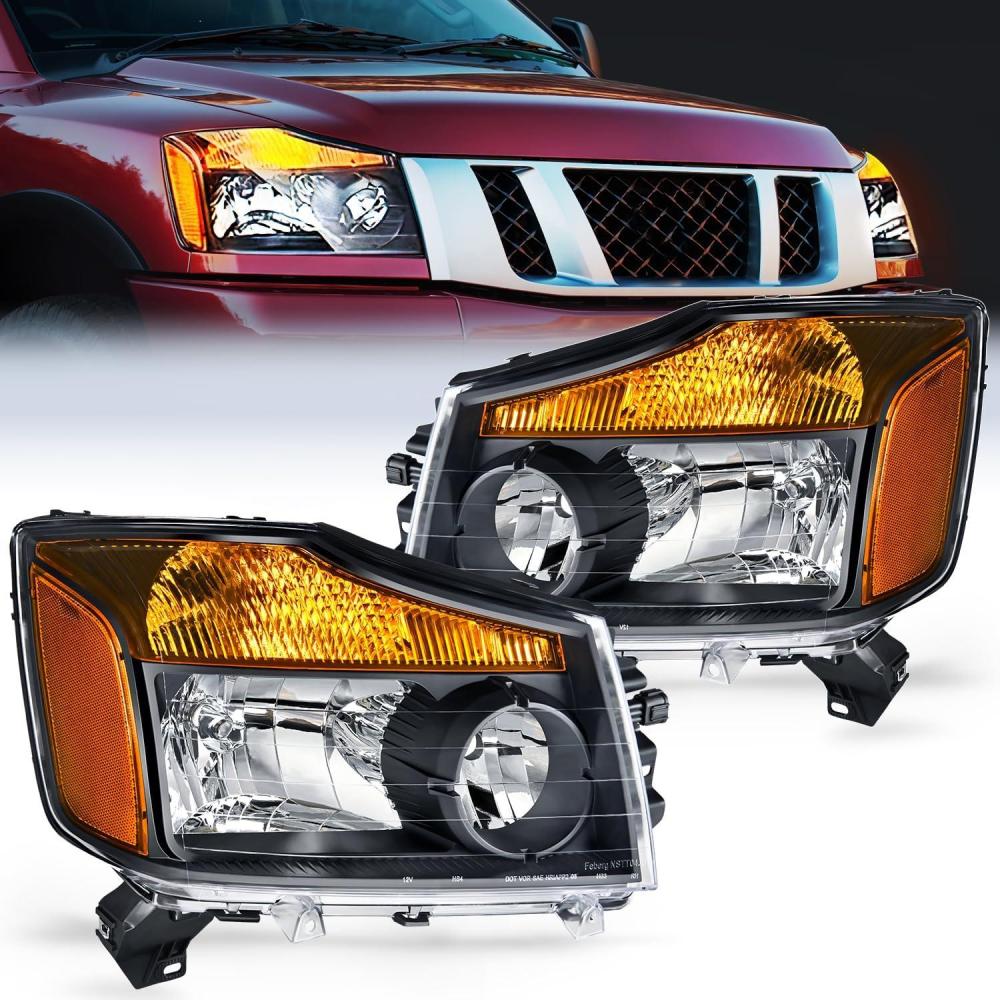 image:imageNilight Headlight Assembly Compatible with 2004 2005 2006 2007 2008 2009 2010 2011 2012 2013 2014 2015 Nissan Titan 2004 2005 2006 2007 Armada Headlamps Replacement Chrome Housing Amber ReflectorBlack Housing Amber Reflector
