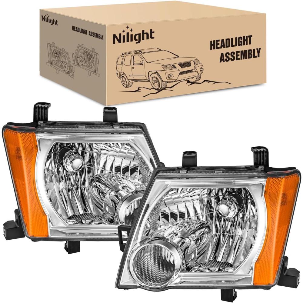 image:imageNilight Headlight Assembly Compatible with 2005 2006 2007 2008 2009 2010 2011 2012 2013 2014 2015 Nissan Xterra OE Style Replacement Chrome Housing Amber Reflector Headlamp Passenger and Driver Side