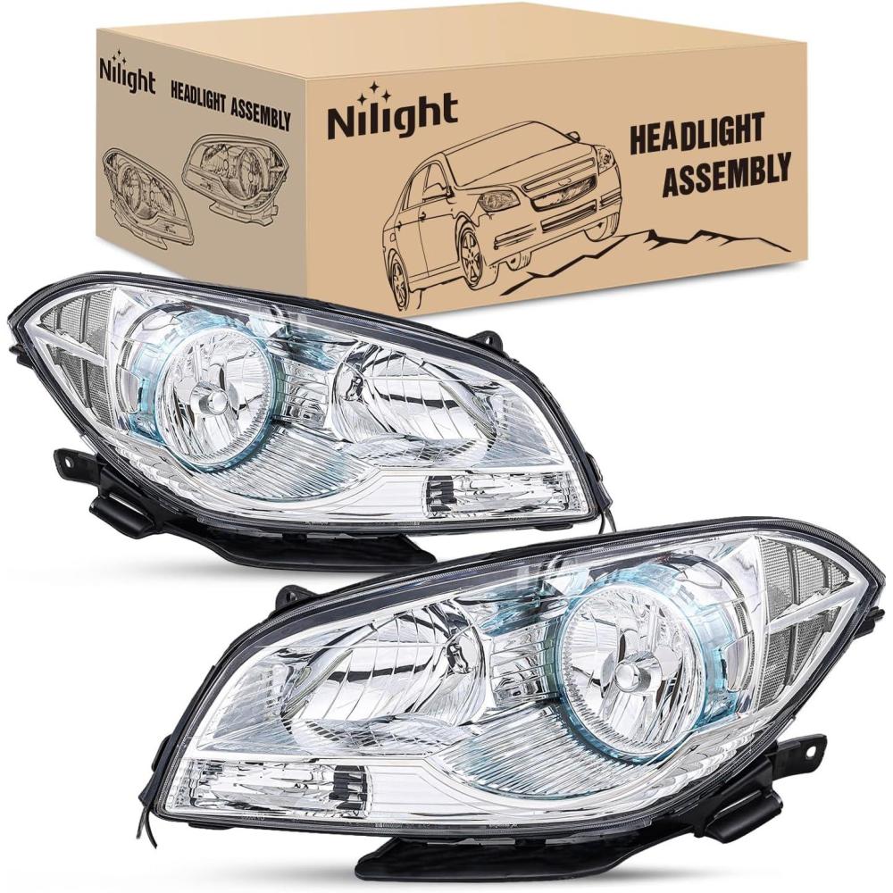 image:imageNilight Headlight Assembly Compatible with 2008 2009 2010 2011 2012 Chevy Malibu 4 Door Halogen Factory Headlamp Chrome Housing Clear Reflector Headlamp Passenger and Driver SideChrome Housing Clear Reflector