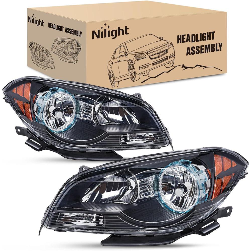image:imageNilight Headlight Assembly Compatible with 2008 2009 2010 2011 2012 Chevy Malibu 4 Door Halogen Factory Headlamp Chrome Housing Clear Reflector Headlamp Passenger and Driver SideBlack Housing Amber Reflector