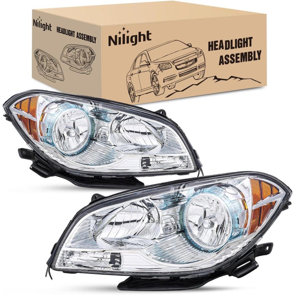image:imageNilight Headlight Assembly Compatible with 2008 2009 2010 2011 2012 Chevy Malibu 4 Door Halogen Factory Headlamp Chrome Housing Clear Reflector Headlamp Passenger and Driver SideChrome Housing Amber Reflector