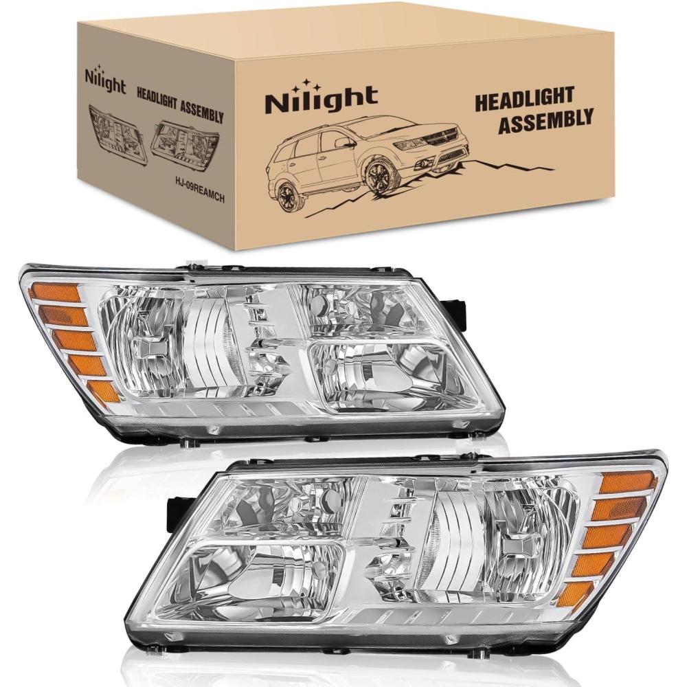 image:imageNilight Headlight Assembly Compatible with 2009 2010 2011 2012 2013 2014 2015 2016 2017 2018 2019 2020 Dodge Journey Black Housing Clear Reflector Headlamp Passenger and Driver SideChrome Housing Amber Reflector