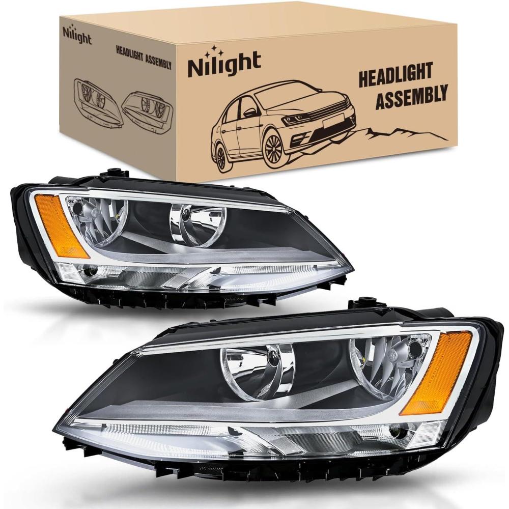 image:imageNilight Headlight Assembly Compatible with 2011 2012 2013 2014 2015 2016 2017 2018 Volkswagen Jetta MK6 OE Style Replacement Chrome Housing Amber Reflector Halogen Headlamps Driver and Passenger Side