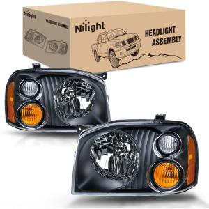 Nilight Headlight Assembly Compatible with 2001 2002 2003 2004 Nissan Frontier XE OE Style Replacement Halogen Headlights Black Housing Amber Reflector Headlamp Passenger and Driver(Black Housing Amber Reflector Amber Turn Light)
