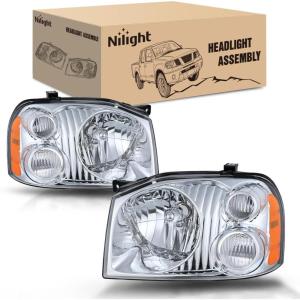 Nilight Headlight Assembly Compatible with 2001 2002 2003 2004 Nissan Frontier XE OE Style Replacement Halogen Headlights Black Housing Amber Reflector Headlamp Passenger and Driver(Chrome Housing Amber Reflector Clear Turn Light)