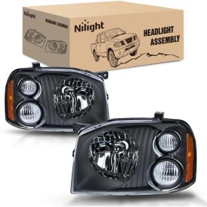 Nilight Headlight Assembly Compatible with 2001 2002 2003 2004 Nissan Frontier XE OE Style Replacement Halogen Headlights Black Housing Amber Reflector Headlamp Passenger and Driver(Black Housing Amber Reflector Clear Turn Light)