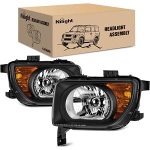 Nilight Headlight Assembly Compatible with 2003 2004 2005 2006 Honda Element OE Style Replacement Halogen Headlights Chrome Housing Amber Reflector Headlamp Passenger and Driver Side(Black Housing Amber Reflector)