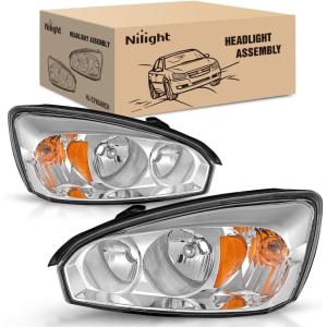 Nilight Headlight Assembly Compatible with 2004 2005 2006 2007 Chevrolet Chevy Malibu 2008 Classic OE Headlamp Replacement Chrome Housing Amber Reflector Passenger and Driver Side