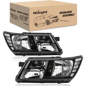 Nilight Headlight Assembly Compatible with 2009 2010 2011 2012 2013 2014 2015 2016 2017 2018 2019 2020 Dodge Journey Black Housing Clear Reflector Headlamp Passenger and Driver Side(Black Housing Clear Reflector)