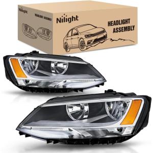 Nilight Headlight Assembly Compatible with 2011 2012 2013 2014 2015 2016 2017 2018 Volkswagen Jetta MK6 OE Style Replacement Chrome Housing Amber Reflector Halogen Headlamps Driver and Passenger Side