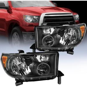 Nilight Headlight Assembly for 2007 2008 2009 2010 2011 2012 2013 Toyota Tundra 2008-2017 Sequoia Headlamps Replacement Chrome Housing Amber Reflector Driver and Passenger Side(Black Housing+ Amber Reflector)