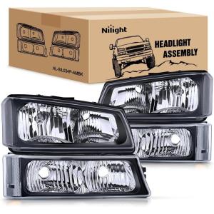 Nilight Headlight and Taillight Assembly Combo Compatible with 2003 2004 2005 2006 Chevy Silverado 1500 1500HD 2500 2500HD 3500 2007 Chevy Silverado 1500 2500 3500 Classic OE Style(Black Housing + Clear Reflector)