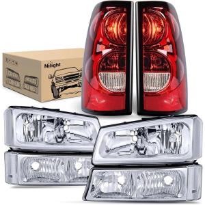 Nilight Headlight and Taillight Assembly Combo Compatible with 2003 2004 2005 2006 Chevy Silverado 1500 1500HD 2500 2500HD 3500 2007 Chevy Silverado 1500 2500 3500 Classic OE Style(Chrome Housing + Clear Reflector + Taillight)