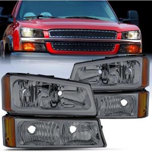 Nilight Headlight and Taillight Assembly Combo Compatible with 2003 2004 2005 2006 Chevy Silverado 1500 1500HD 2500 2500HD 3500 2007 Chevy Silverado 1500 2500 3500 Classic OE Style(Smoke Chrome Housing + Amber Reflector)
