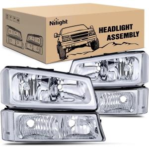 Nilight Headlight and Taillight Assembly Combo Compatible with 2003 2004 2005 2006 Chevy Silverado 1500 1500HD 2500 2500HD 3500 2007 Chevy Silverado 1500 2500 3500 Classic OE Style(Chrome Housing + Clear Reflector)
