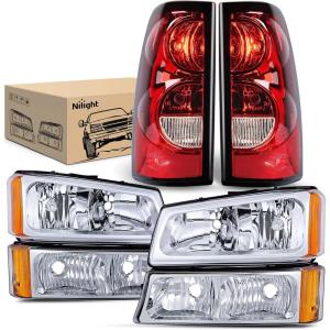 Nilight Headlight and Taillight Assembly Combo Compatible with 2003 2004 2005 2006 Chevy Silverado 1500 1500HD 2500 2500HD 3500 2007 Chevy Silverado 1500 2500 3500 Classic OE Style(Chrome Housing + Amber Reflector + Taillight)