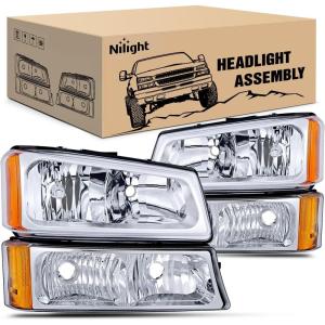 Nilight Headlight and Taillight Assembly Combo Compatible with 2003 2004 2005 2006 Chevy Silverado 1500 1500HD 2500 2500HD 3500 2007 Chevy Silverado 1500 2500 3500 Classic OE Style(Chrome Housing + Amber Reflector)