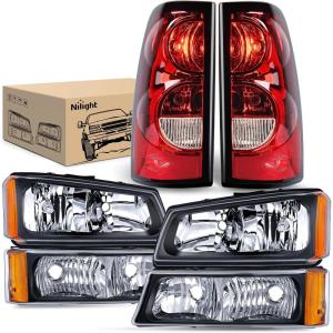 Nilight Headlight and Taillight Assembly Combo Compatible with 2003 2004 2005 2006 Chevy Silverado 1500 1500HD 2500 2500HD 3500 2007 Chevy Silverado 1500 2500 3500 Classic OE Style(Black Housing + Amber Reflector + Taillight)