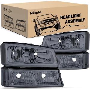 Nilight Headlight and Taillight Assembly Combo Compatible with 2003 2004 2005 2006 Chevy Silverado 1500 1500HD 2500 2500HD 3500 2007 Chevy Silverado 1500 2500 3500 Classic OE Style(Smoke Chrome Housing + Clear Reflector)