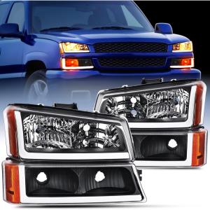 Nilight Headlight and Taillight Assembly Combo Compatible with 2003 2004 2005 2006 Chevy Silverado 1500 1500HD 2500 2500HD 3500 2007 Chevy Silverado 1500 2500 3500 Classic OE Style(Black Housing + Amber Reflector + DRL)