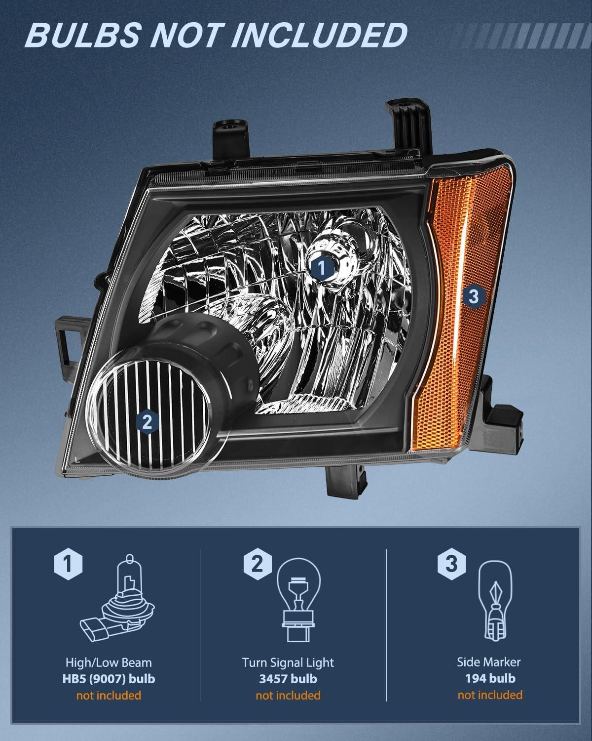 image:imageNilight Headlight Assembly Compatible with 2005 2006 2007 2008 2009 2010 2011 2012 2013 2014 2015 Nissan Xterra OE Style Replacement Black Housing Amber Reflector Headlamp Passenger and Driver Side