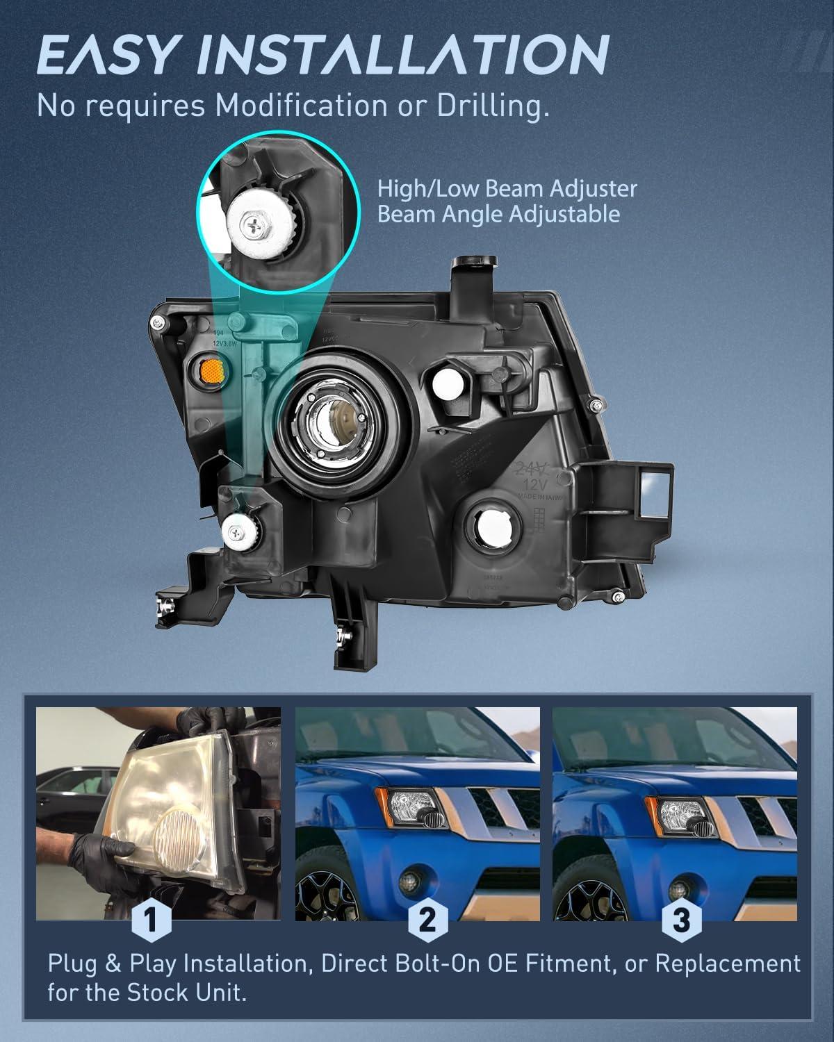 image:imageNilight Headlight Assembly Compatible with 2005 2006 2007 2008 2009 2010 2011 2012 2013 2014 2015 Nissan Xterra OE Style Replacement Black Housing Amber Reflector Headlamp Passenger and Driver Side
