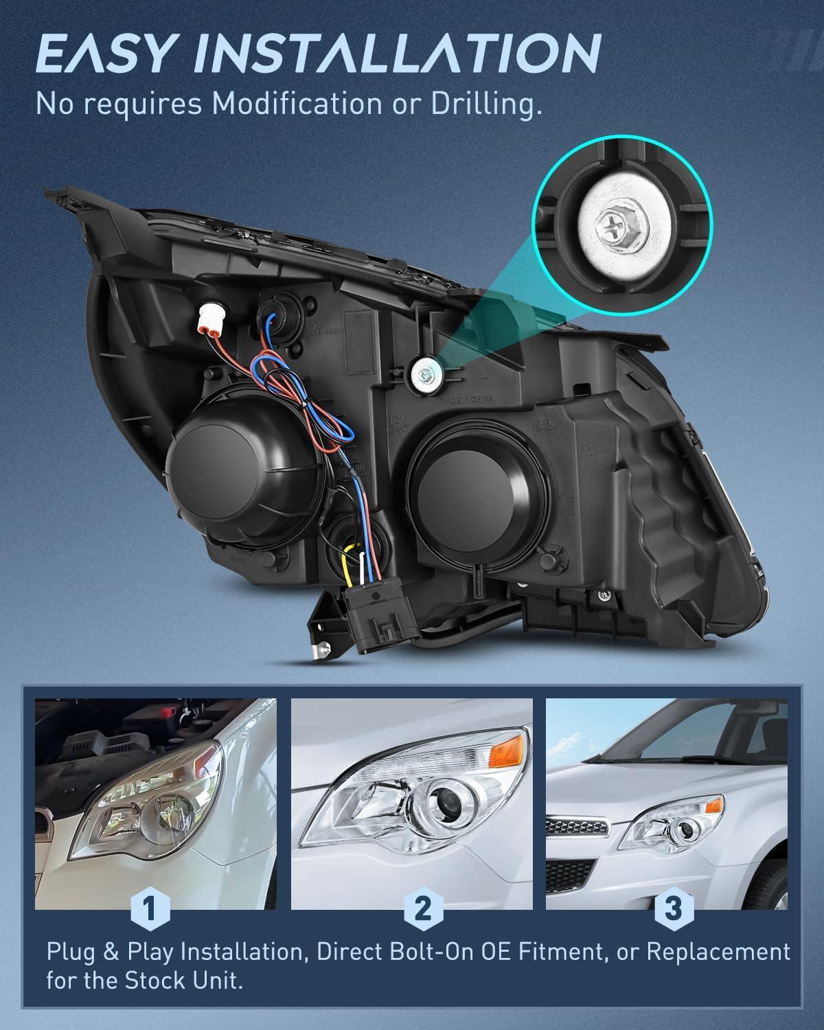 image:imageNilight Headlight Assembly Compatible with 2010 2011 2012 2013 2014 2015 Chevy Chevrolet Equinox OE Style Projector Replacement Halogen Headlights Chrome Housing Amber Reflector Headlamp a pair