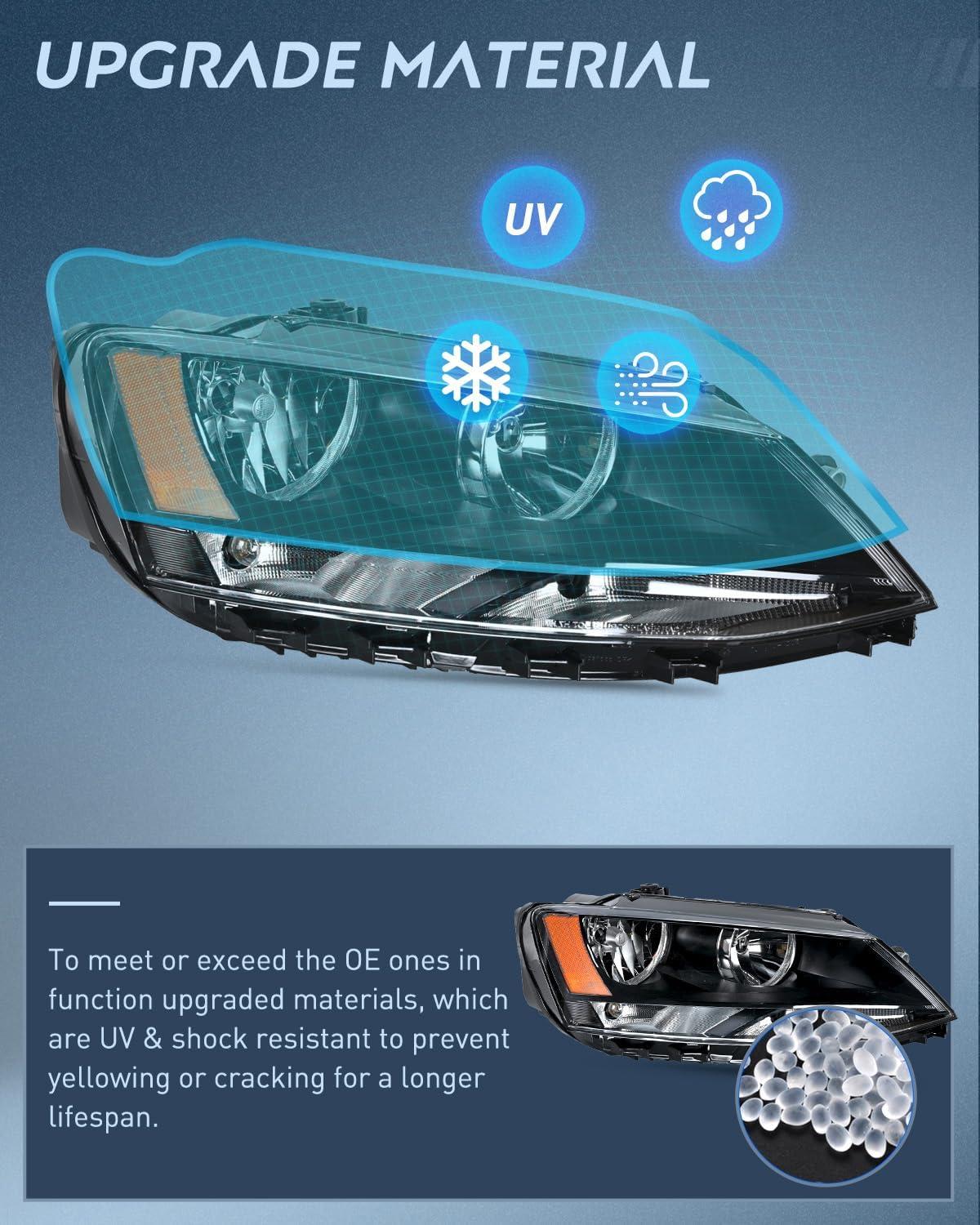 image:imageNilight Headlight Assembly Compatible with 2011 2012 2013 2014 2015 2016 2017 2018 Volkswagen Jetta MK6 OE Style Replacement Black Housing Amber Reflector Halogen Headlamps Driver and Passenger Side