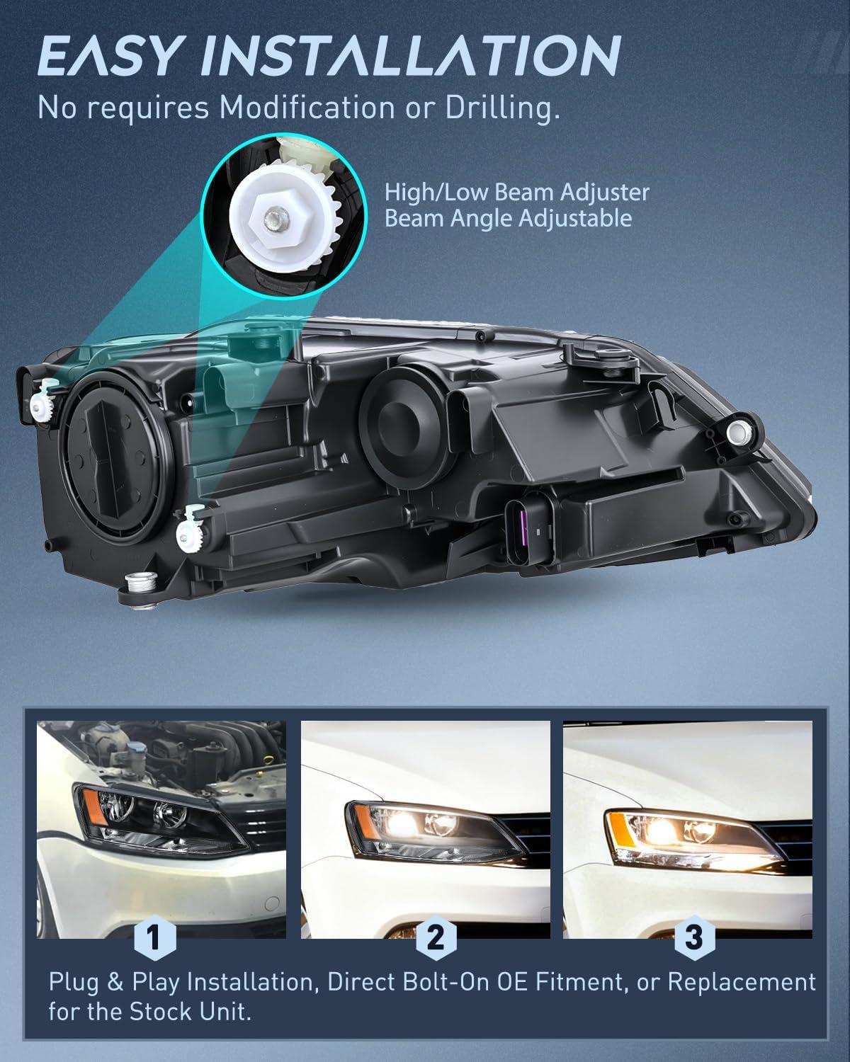 image:imageNilight Headlight Assembly Compatible with 2011 2012 2013 2014 2015 2016 2017 2018 Volkswagen Jetta MK6 OE Style Replacement Black Housing Amber Reflector Halogen Headlamps Driver and Passenger Side