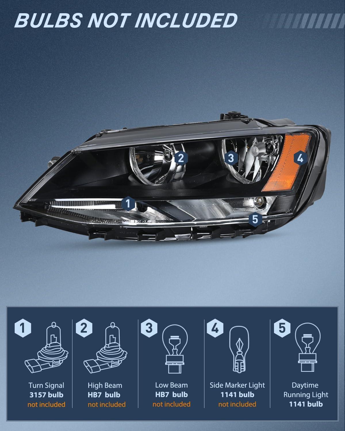 image:imageNilight Headlight Assembly Compatible with 2011 2012 2013 2014 2015 2016 2017 2018 Volkswagen Jetta MK6 OE Style Replacement Black Housing Amber Reflector Halogen Headlamps Driver and Passenger Side