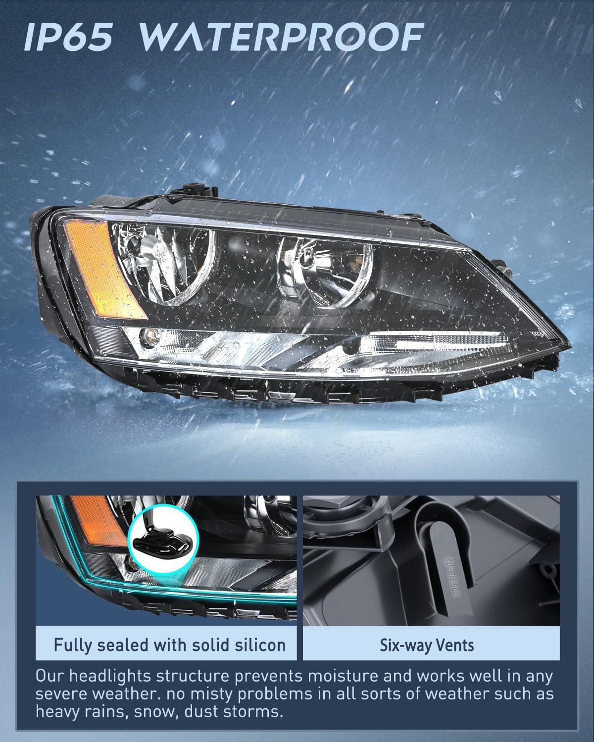 image:imageNilight Headlight Assembly Compatible with 2011 2012 2013 2014 2015 2016 2017 2018 Volkswagen Jetta MK6 OE Style Replacement Black Housing Amber Reflector Halogen Headlamps Driver and Passenger Side