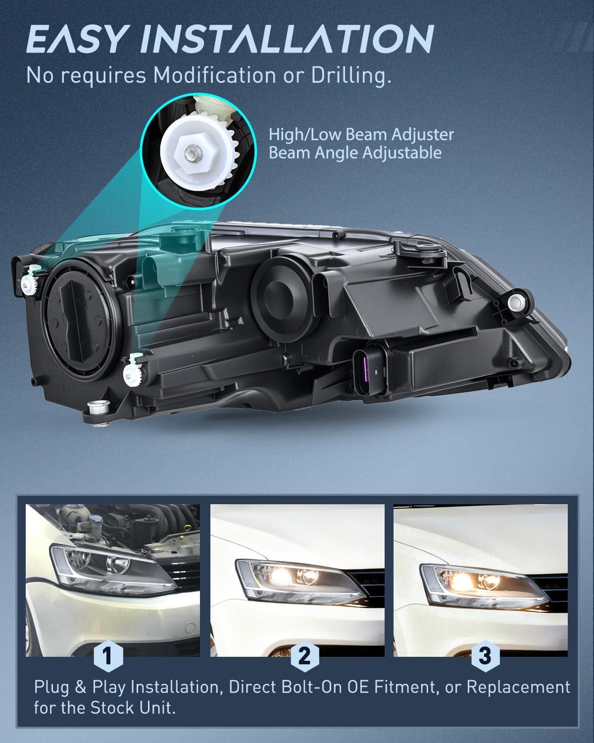 image:imageNilight Headlight Assembly Compatible with 2011 2012 2013 2014 2015 2016 2017 2018 Volkswagen Jetta MK6 OE Style Replacement Chrome Housing Clear Reflector Halogen Headlamps Driver and Passenger Side