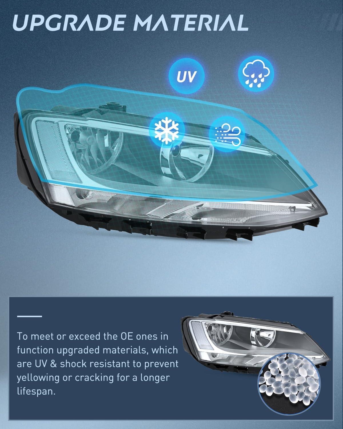 image:imageNilight Headlight Assembly Compatible with 2011 2012 2013 2014 2015 2016 2017 2018 Volkswagen Jetta MK6 OE Style Replacement Chrome Housing Clear Reflector Halogen Headlamps Driver and Passenger Side