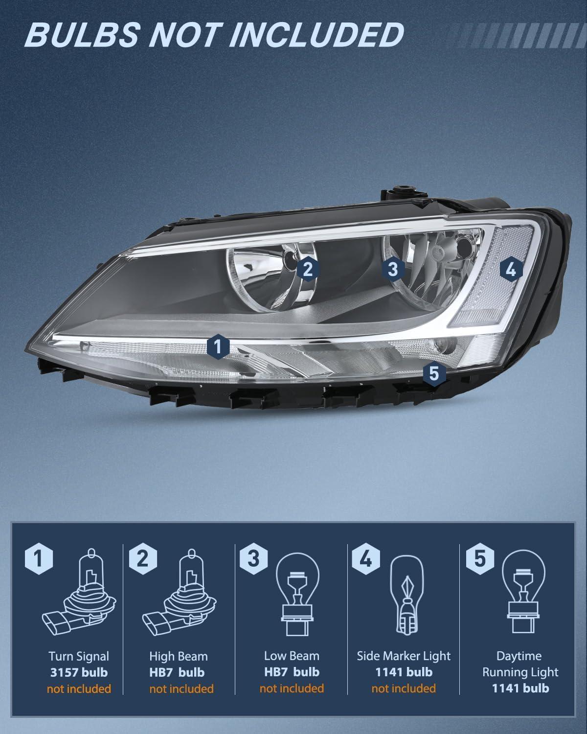 image:imageNilight Headlight Assembly Compatible with 2011 2012 2013 2014 2015 2016 2017 2018 Volkswagen Jetta MK6 OE Style Replacement Chrome Housing Clear Reflector Halogen Headlamps Driver and Passenger Side